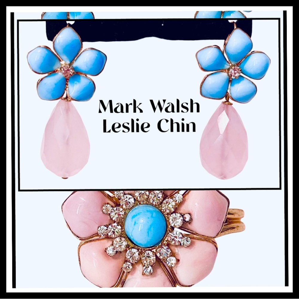 MARK WALSH LESLIE CHIN Pink Quartz Turquoise “Palm Beach” Flower Cuff Earrings